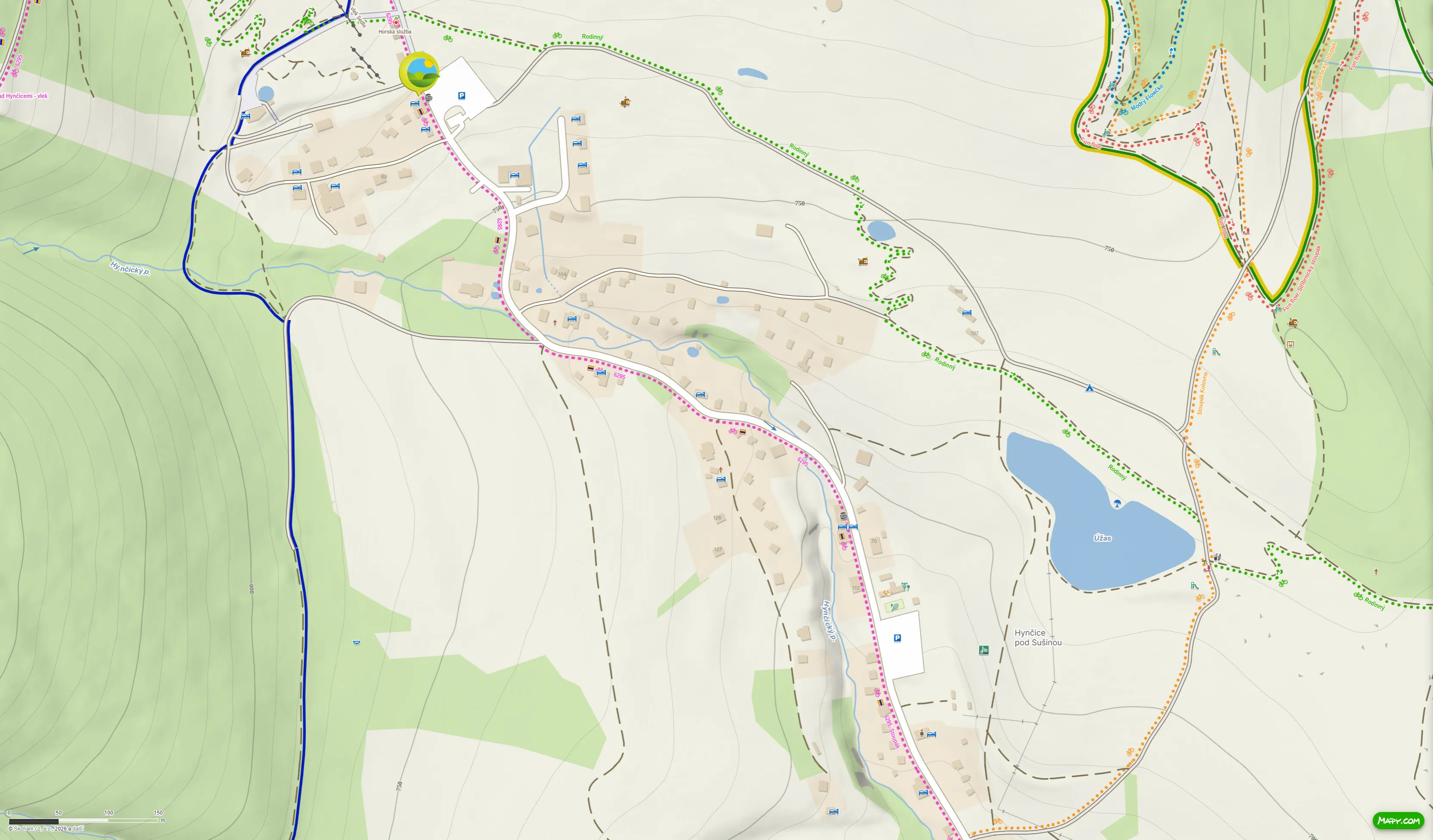 Map of Hynčice pod Sušinou showing the location of Hospůdka U Vleku