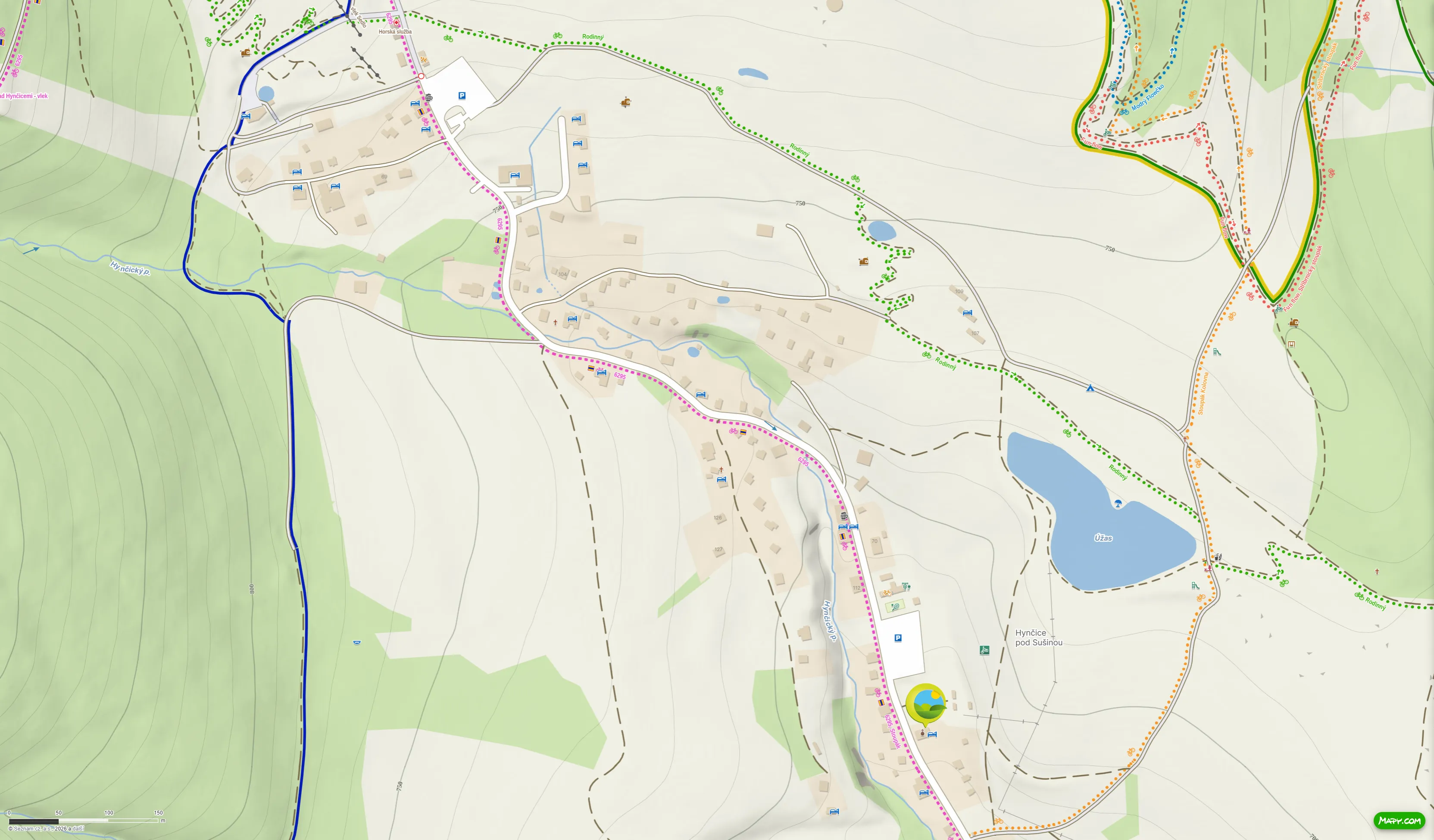 Map of Hynčice pod Sušinou showing the location of Penzion Pod Zvonem