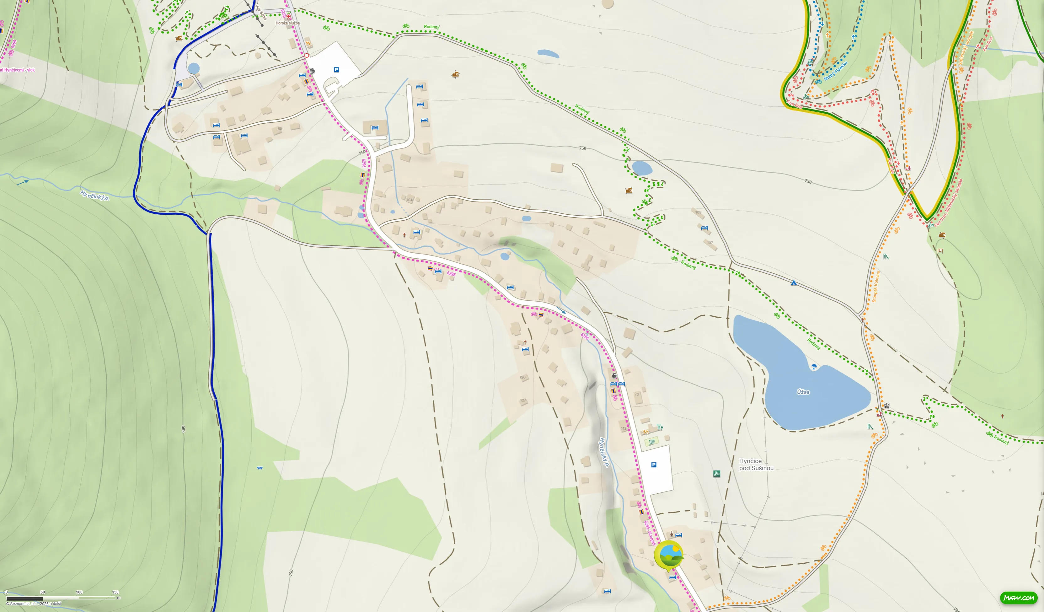 Map of Hynčice pod Sušinou showing the location of Chata Stará Škola